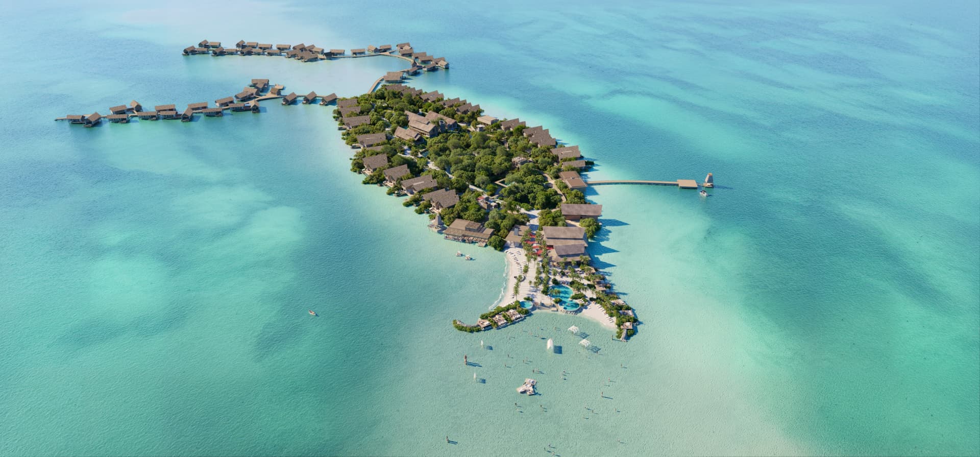 Six Senses Belize — aerial of the island resort and overwater branded residences